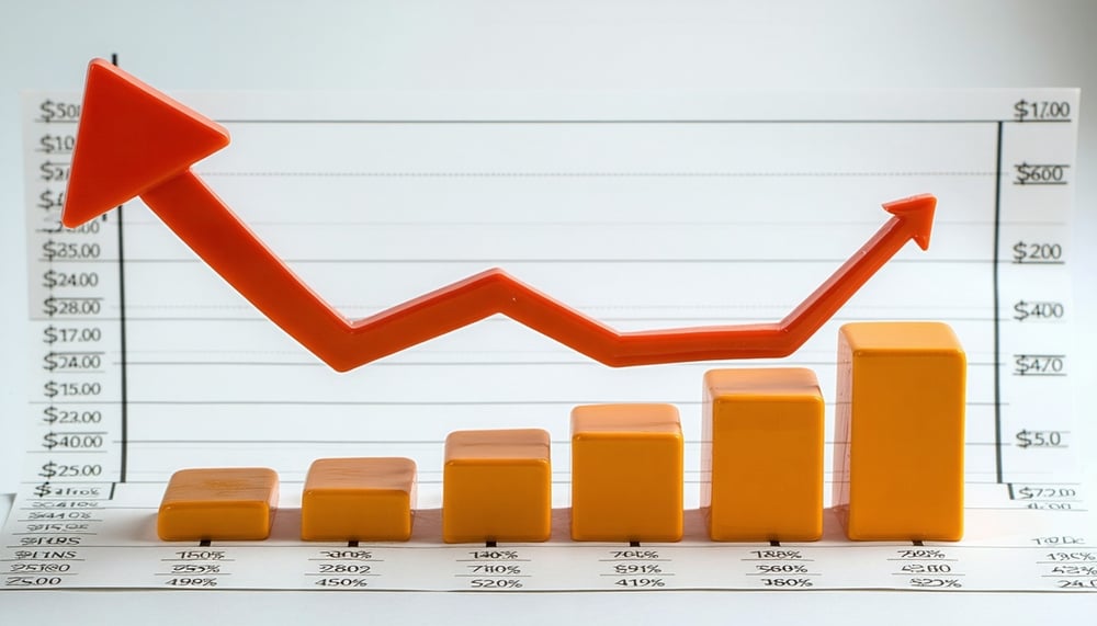 Business growth chart with a rising arrow indicating increased profits Business growth chart with a rising arrow indicating increased profits